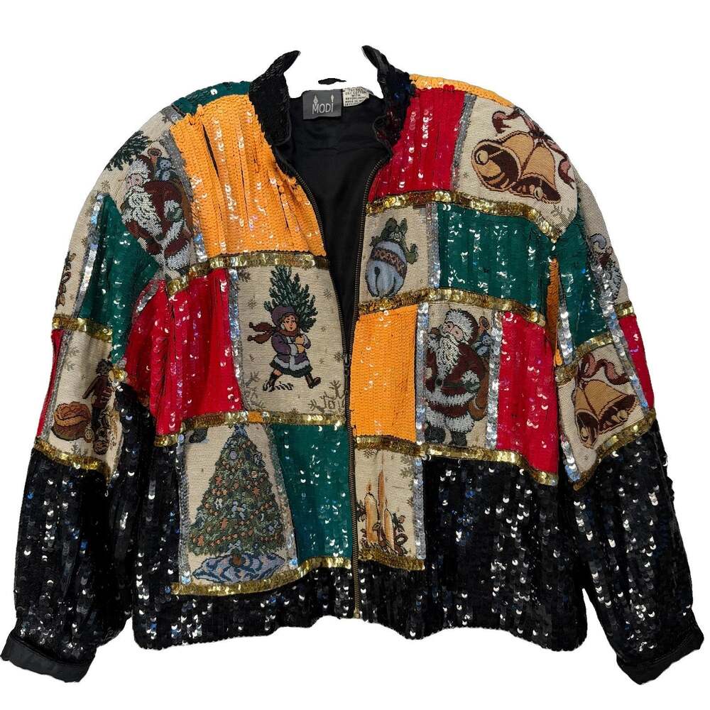 Vtg 80s Women's Modi Silk Sequin Christmas Jacket Size L Statement
